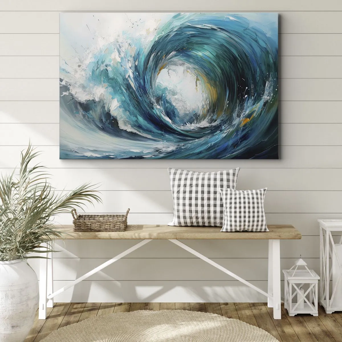 Quadro em tela - Uma onda dinâmica em tons de azul e turquesa - 70x50cm - Portal do mar - Decoração de parede moderna para a sala de estar e quarto ARTTOR