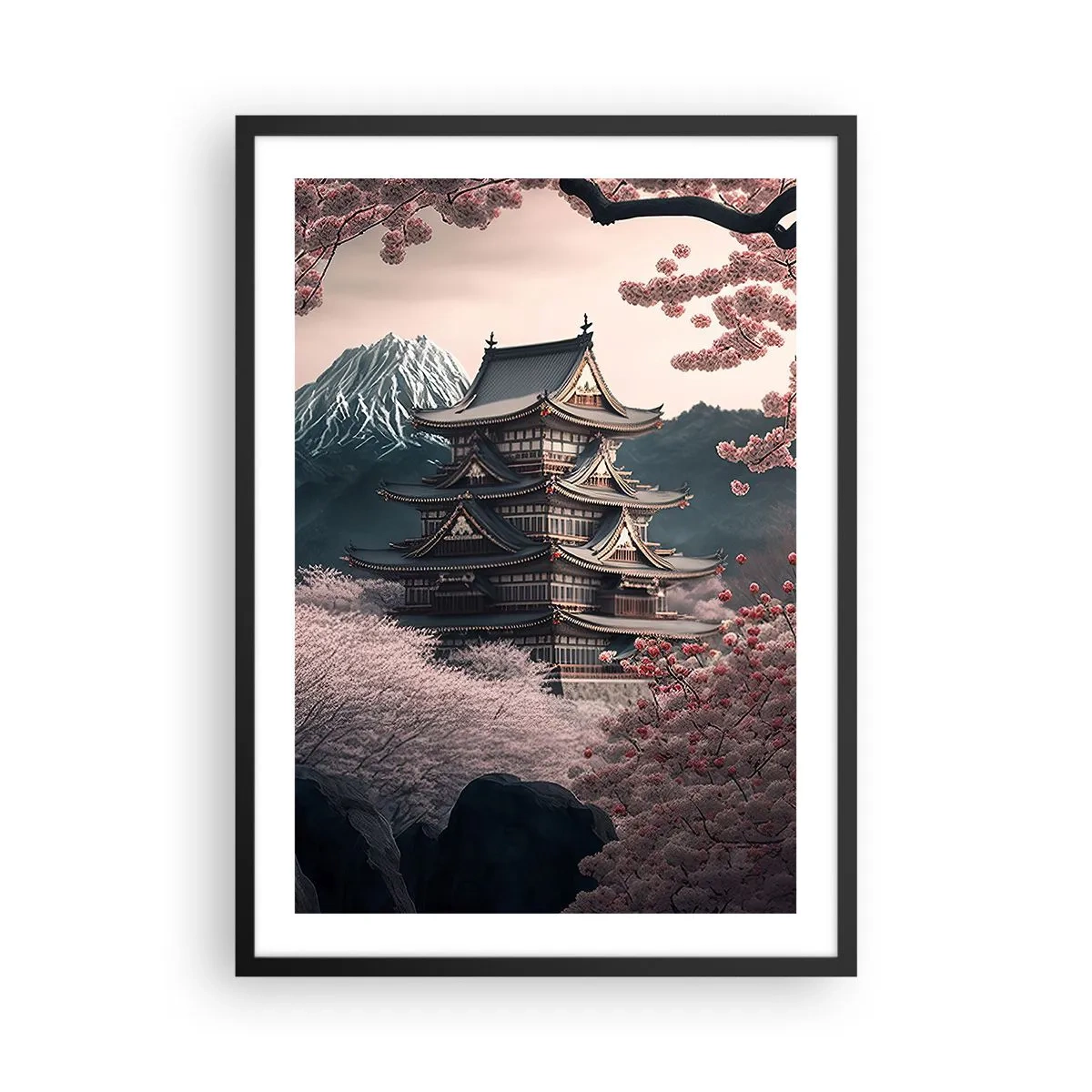 Pôster com moldura preta - Pagode japonês entre flores de cerejeira - 50x70cm - A terra da flor de cerejeira - Decoração de parede moderna para a sala de estar e quarto ARTTOR