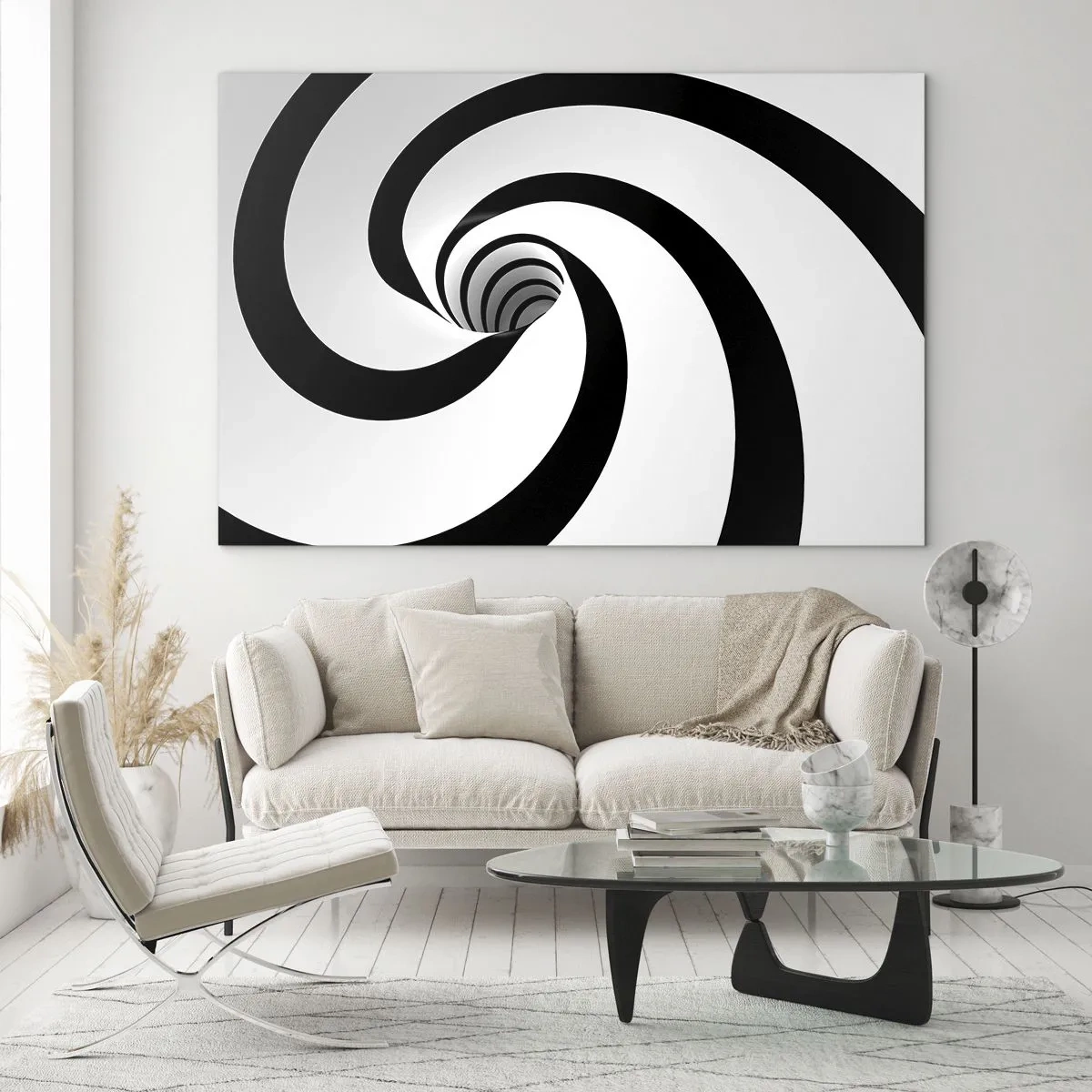Quadro em vidro - Padrão espiral hipnótico em preto e branco - 70x50cm - Deixar levar-se pelo vórtice - Decoração de parede moderna para a sala de estar e quarto ARTTOR