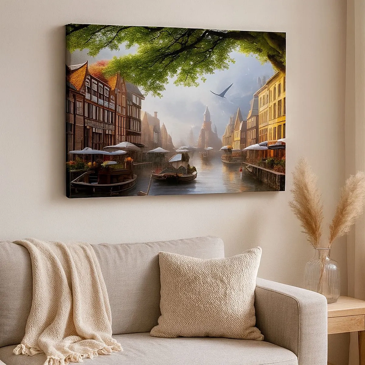 Quadro em tela - Uma paisagem holandesa pitoresca com um canal e casas de temporada - 70x50cm - Paisagem urbana holandesa - Decoração de parede moderna para a sala de estar e quarto ARTTOR