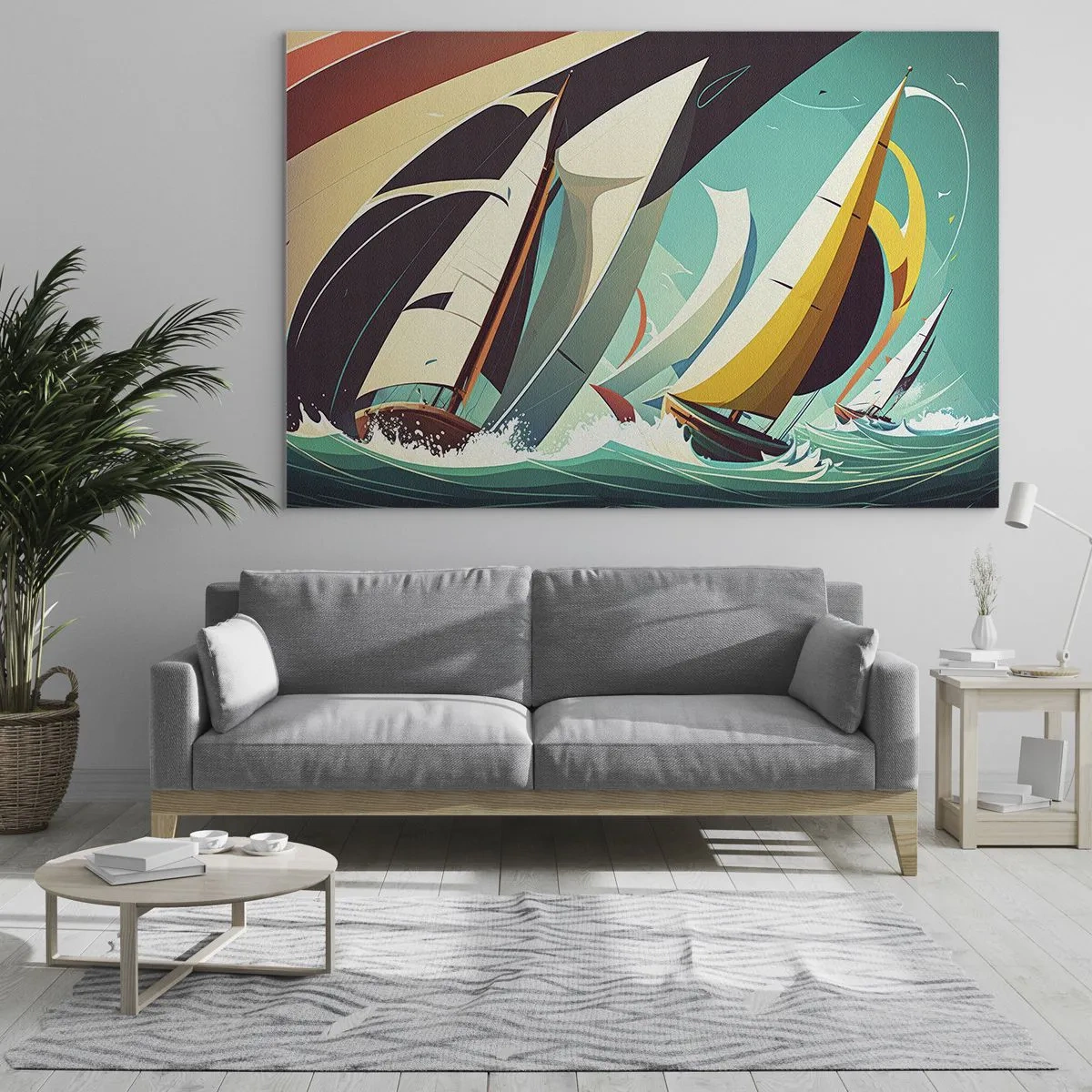 Quadro em vidro - Ilustração em estilo retrô de veleiros em um mar tempestuoso - 70x50cm - Boa sorte com os elementos - Decoração de parede moderna para a sala de estar e quarto ARTTOR