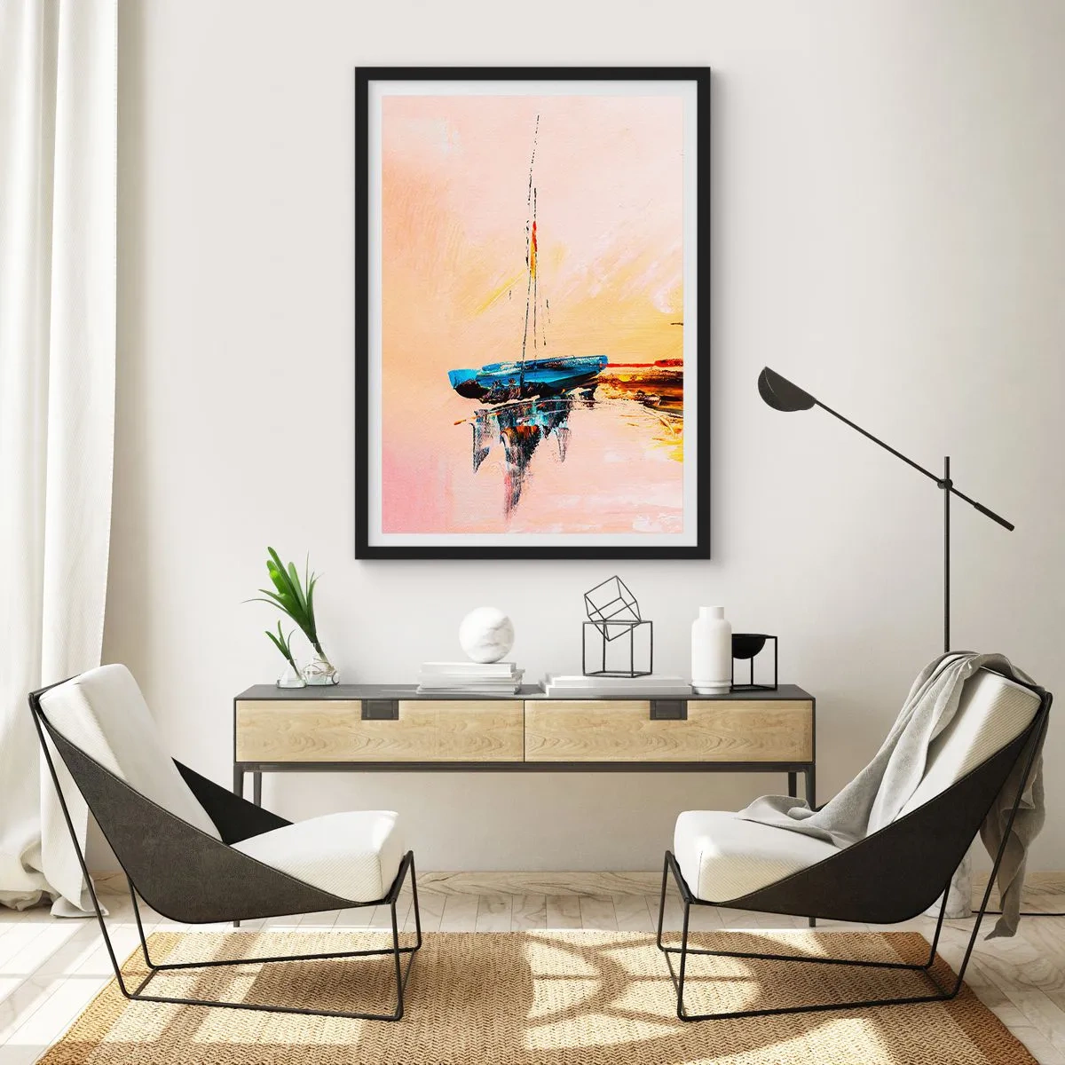 Pôster com moldura preta - Barco abstrato em águas calmas ao pôr do sol - 50x70cm - Noite na marina - Decoração de parede moderna para a sala de estar e quarto ARTTOR