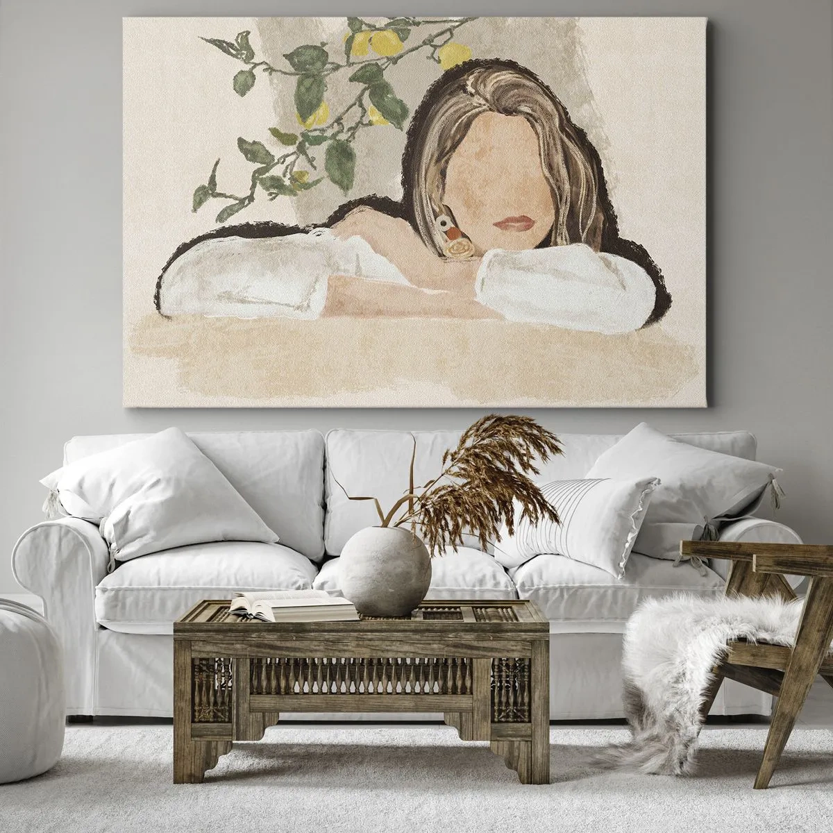 Quadro em tela - A figura de uma mulher contra o fundo de um limoeiro - 70x50cm - Beleza do sul - Decoração de parede moderna para a sala de estar e quarto ARTTOR