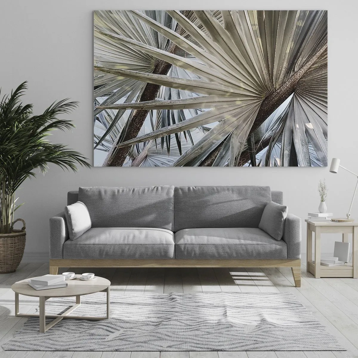 Quadro em vidro - Folhas de palmeira sob a luz do dia - 70x50cm - Leques nos trópicos - Decoração de parede moderna para a sala de estar e quarto ARTTOR