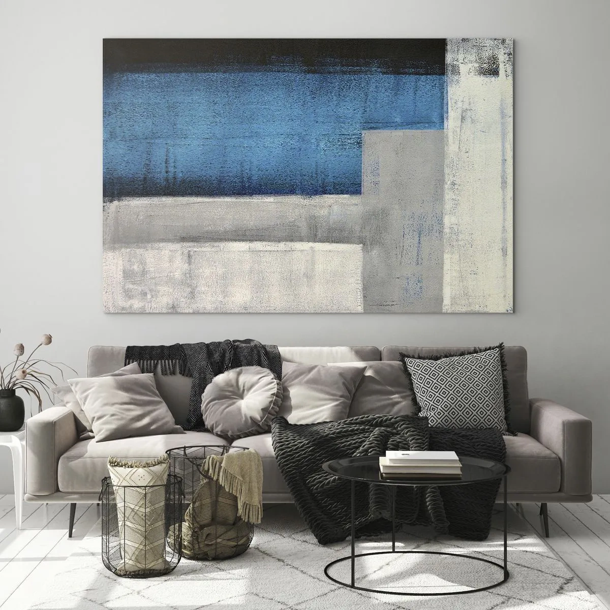 Quadro em vidro - Abstração geométrica em azul, cinza e branco - 70x50cm - Uma composição poética de cinza e azul - Decoração de parede moderna para a sala de estar e quarto ARTTOR