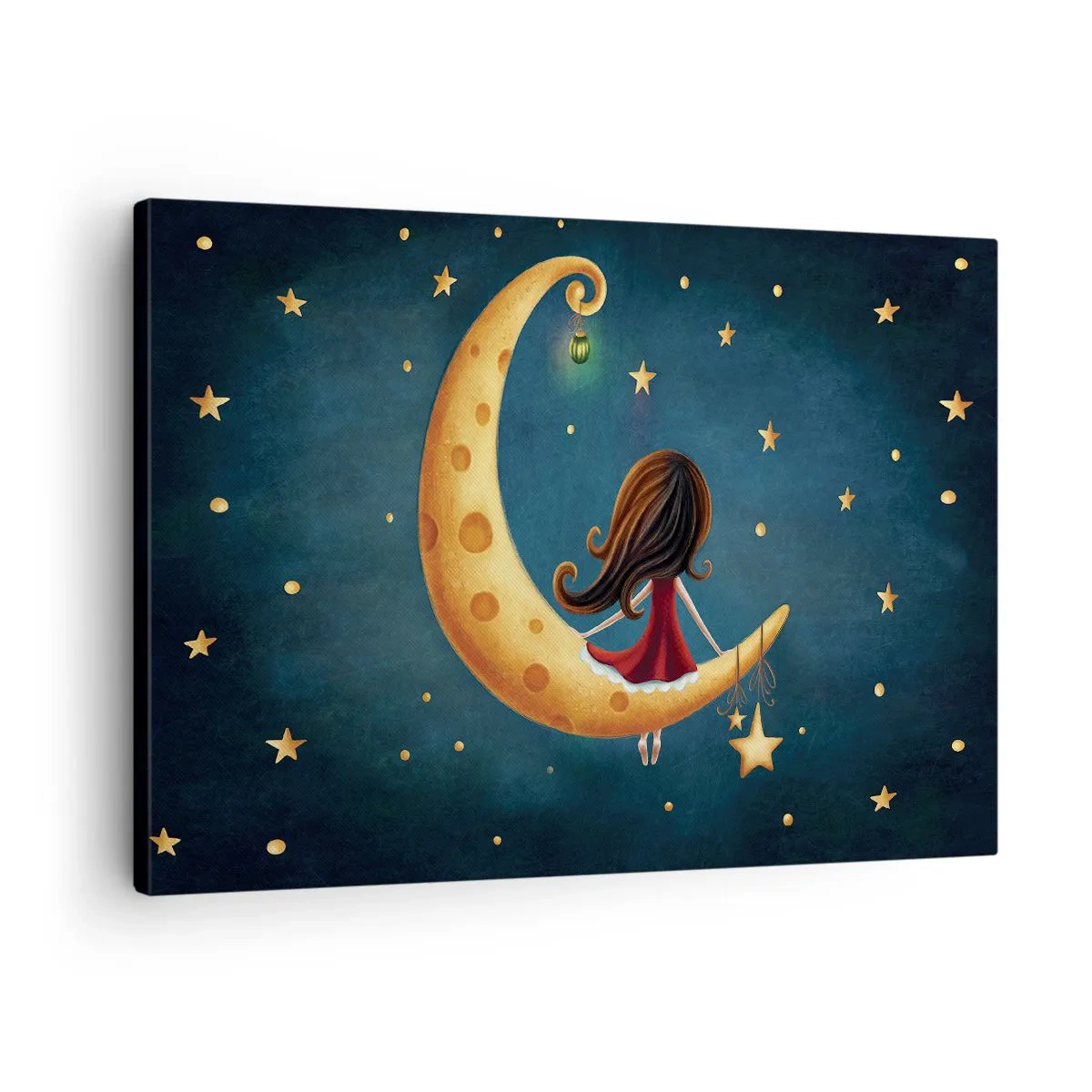 Quadro em tela - Uma garota na lua cercada por estrelas - 70x50cm - Uma vez... - Decoração de parede moderna para a sala de estar e quarto ARTTOR