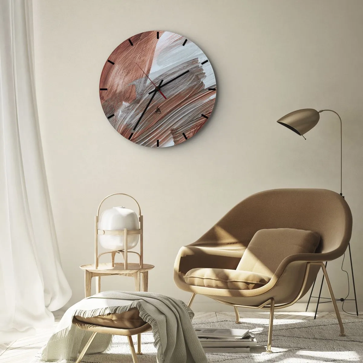 Relógio de parede - Relógio em vidro - Pinceladas de outono em tons cinza-avermelhados - 30x30cm - Abstração de outono e vento - Decoração de parede moderna para a sala de estar, cozinha e quarto ARTTOR