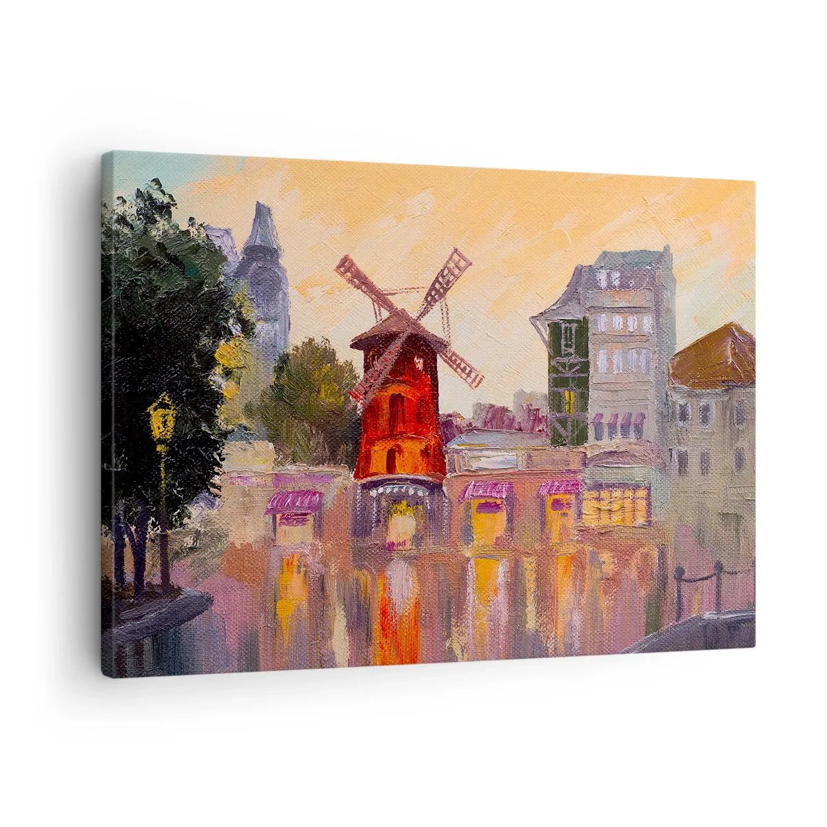 Quadro em tela - O moinho de vento vermelho do Moulin Rouge cercado pela paisagem urbana - 70x50cm - Ícones parisienses – Moulin Rouge - Decoração de parede moderna para a sala de estar e quarto ARTTOR