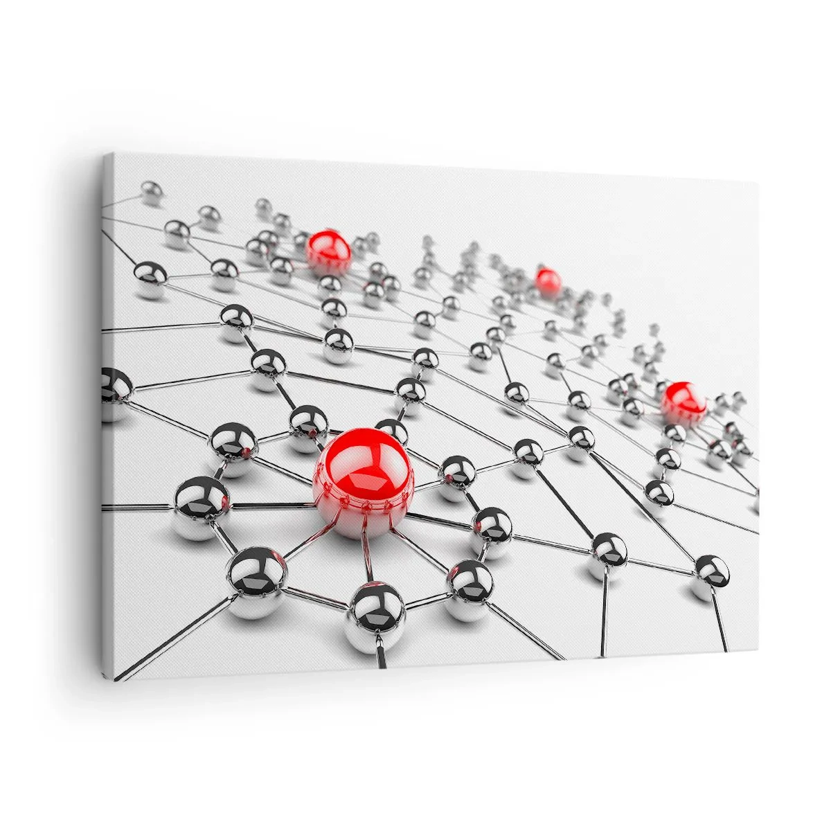 Quadro em tela - Uma rede de bolas metálicas com detalhes em vermelho - 70x50cm - Rede de Prata - Decoração de parede moderna para a sala de estar e quarto ARTTOR