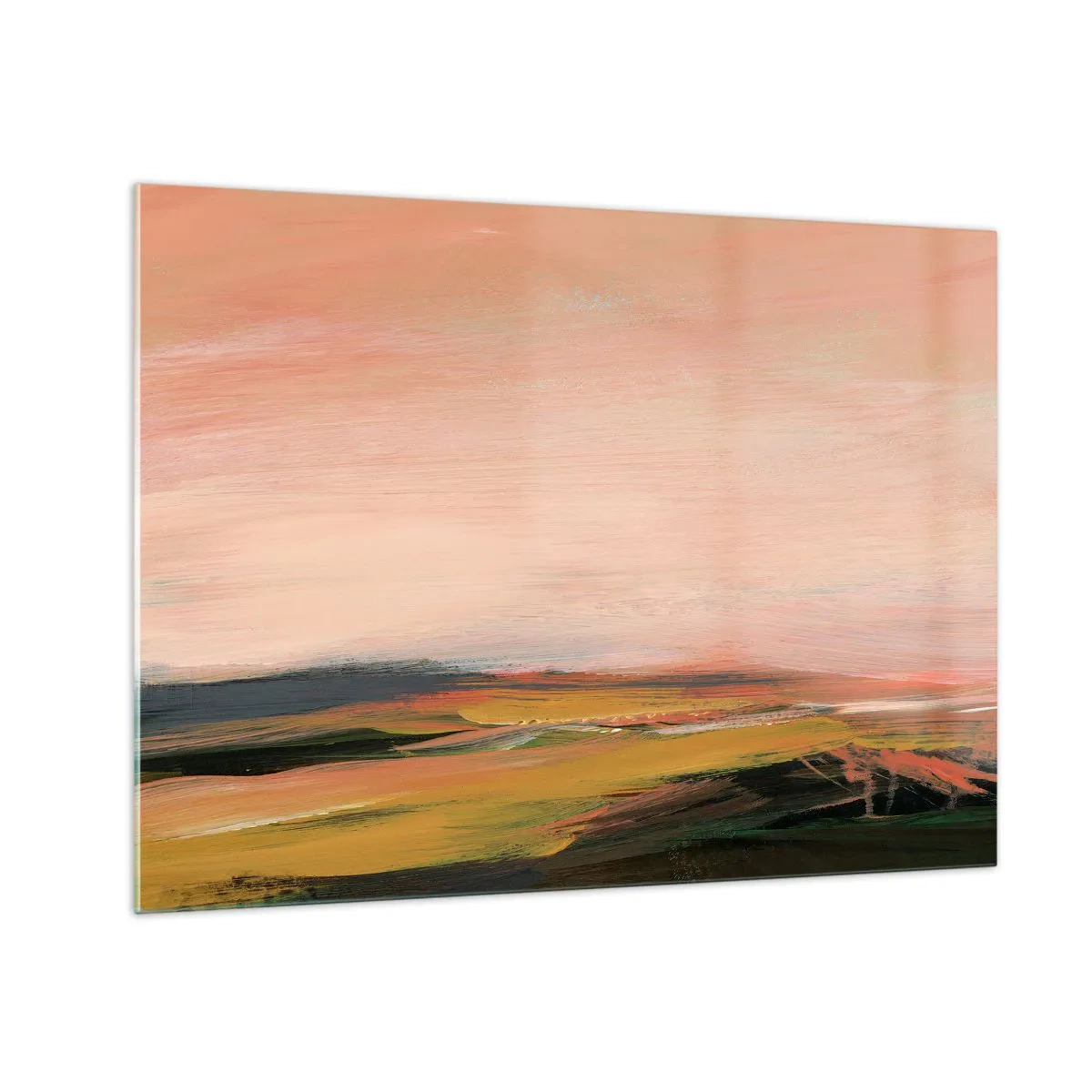 Quadro em vidro - Uma paisagem abstrata em tons de rosa e verde-sujo. - 70x50cm - Em tons rosa - Decoração de parede moderna para a sala de estar e quarto ARTTOR