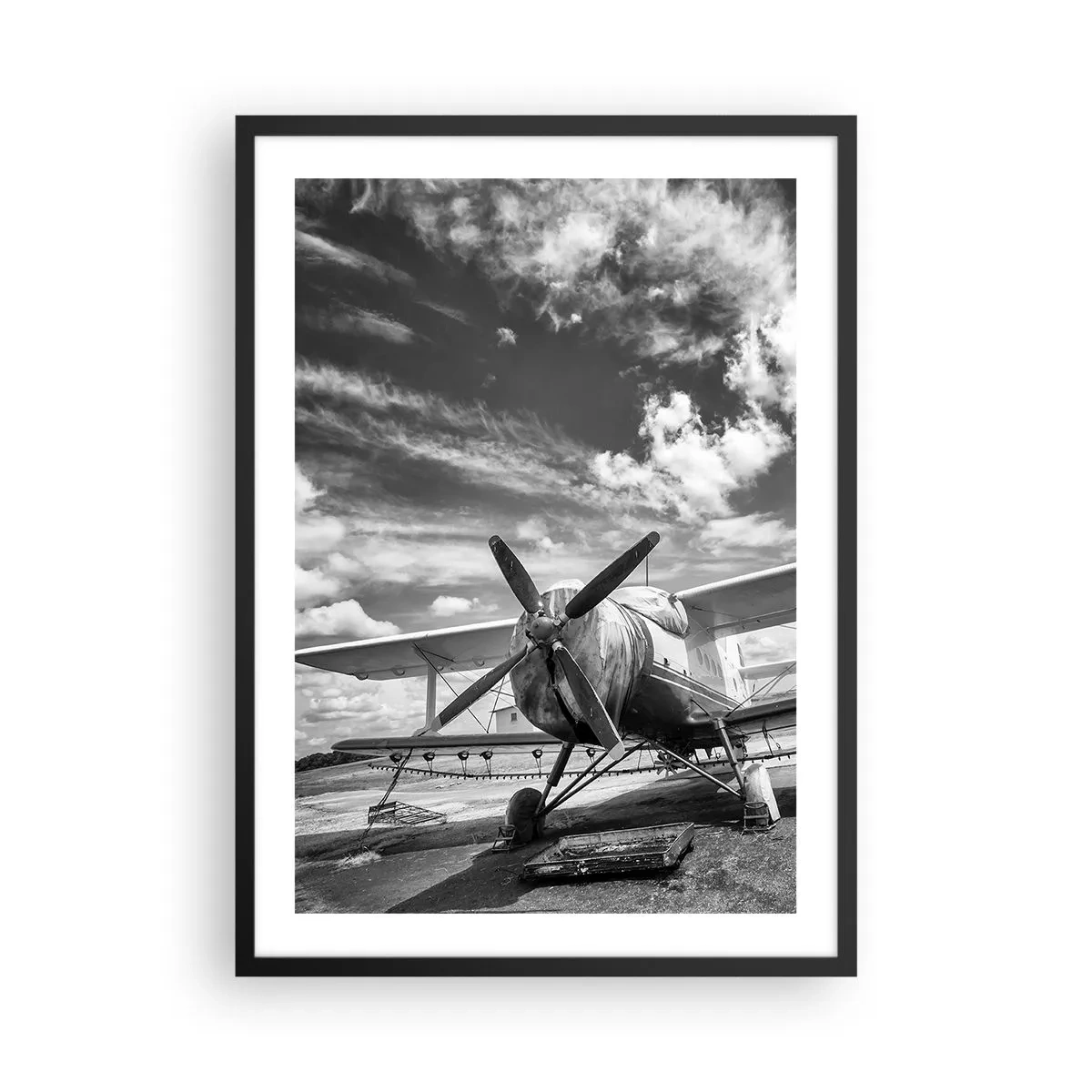 Pôster com moldura preta - Foto em preto e branco de um avião retrô contra o céu - 50x70cm - Mal posso esperar! - Decoração de parede moderna para a sala de estar e quarto ARTTOR