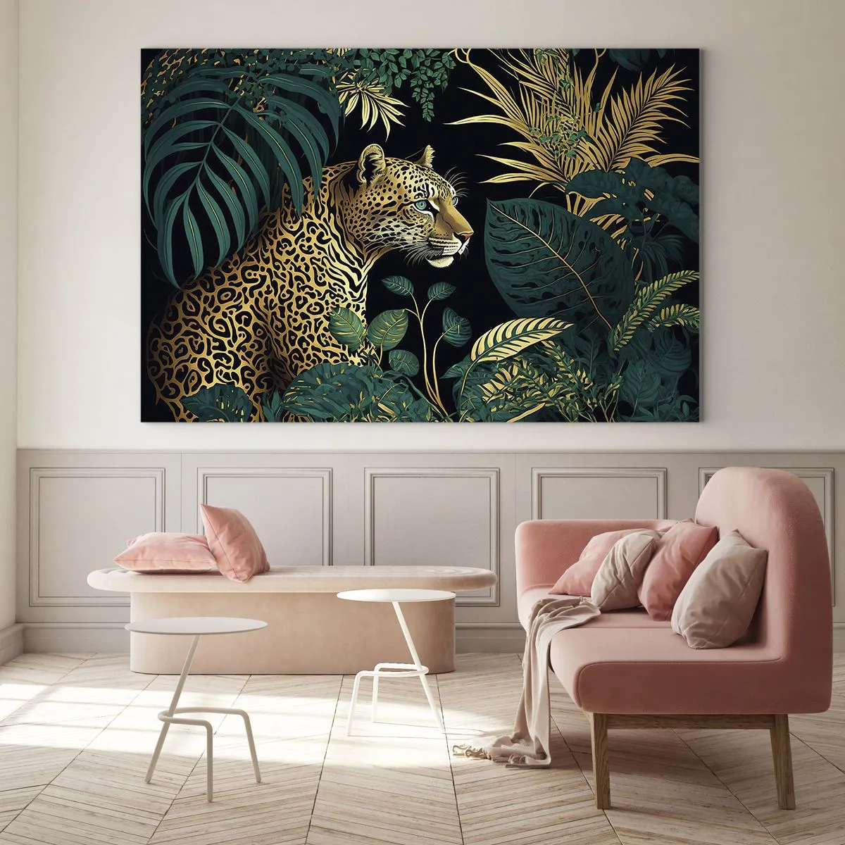 Quadro em vidro - Um leopardo entre folhas tropicais em um fundo escuro - 70x50cm - Um anfitrião na selva - Decoração de parede moderna para a sala de estar e quarto ARTTOR