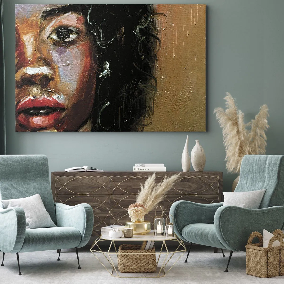 Quadro em tela - Um retrato expressivo de uma mulher em cores intensas. - 70x50cm - Preto e brilho - Decoração de parede moderna para a sala de estar e quarto ARTTOR