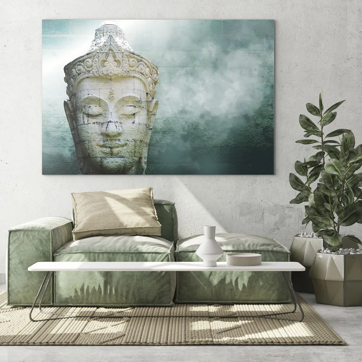 Quadro em vidro - Estátua de Buda em atmosfera mística - 70x50cm - Em busca da luz - Decoração de parede moderna para a sala de estar e quarto ARTTOR