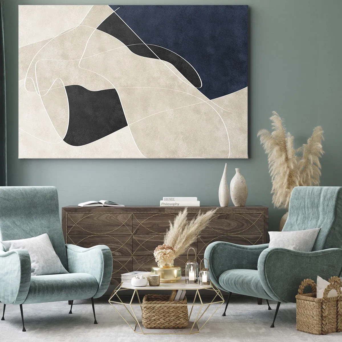 Quadro em tela - Abstração geométrica em tons de bege e azul marinho - 70x50cm - Composição abstrata – contraste de cores - Decoração de parede moderna para a sala de estar e quarto ARTTOR