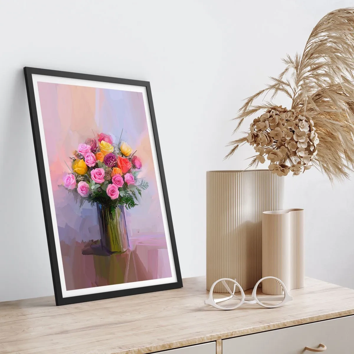 Pôster com moldura preta - Um buquê de rosas e flores em um vaso de vidro - 50x70cm - Beleza retida - Decoração de parede moderna para a sala de estar e quarto ARTTOR