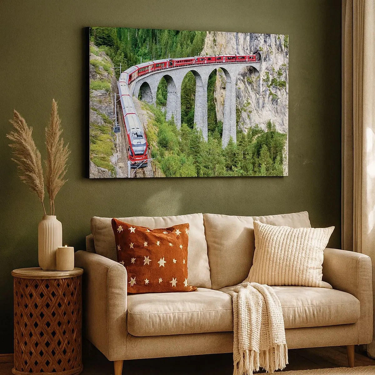 Quadro em tela - Um trem em um viaduto pitoresco em uma paisagem montanhosa - 70x50cm - Linha férrea com vista para a montanha - Decoração de parede moderna para a sala de estar e quarto ARTTOR