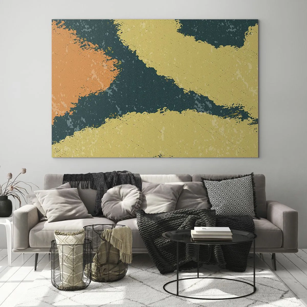 Quadro em vidro - Uma abstração fluida em mostarda, verde e laranja. - 70x50cm - Abstração – movimento lento - Decoração de parede moderna para a sala de estar e quarto ARTTOR