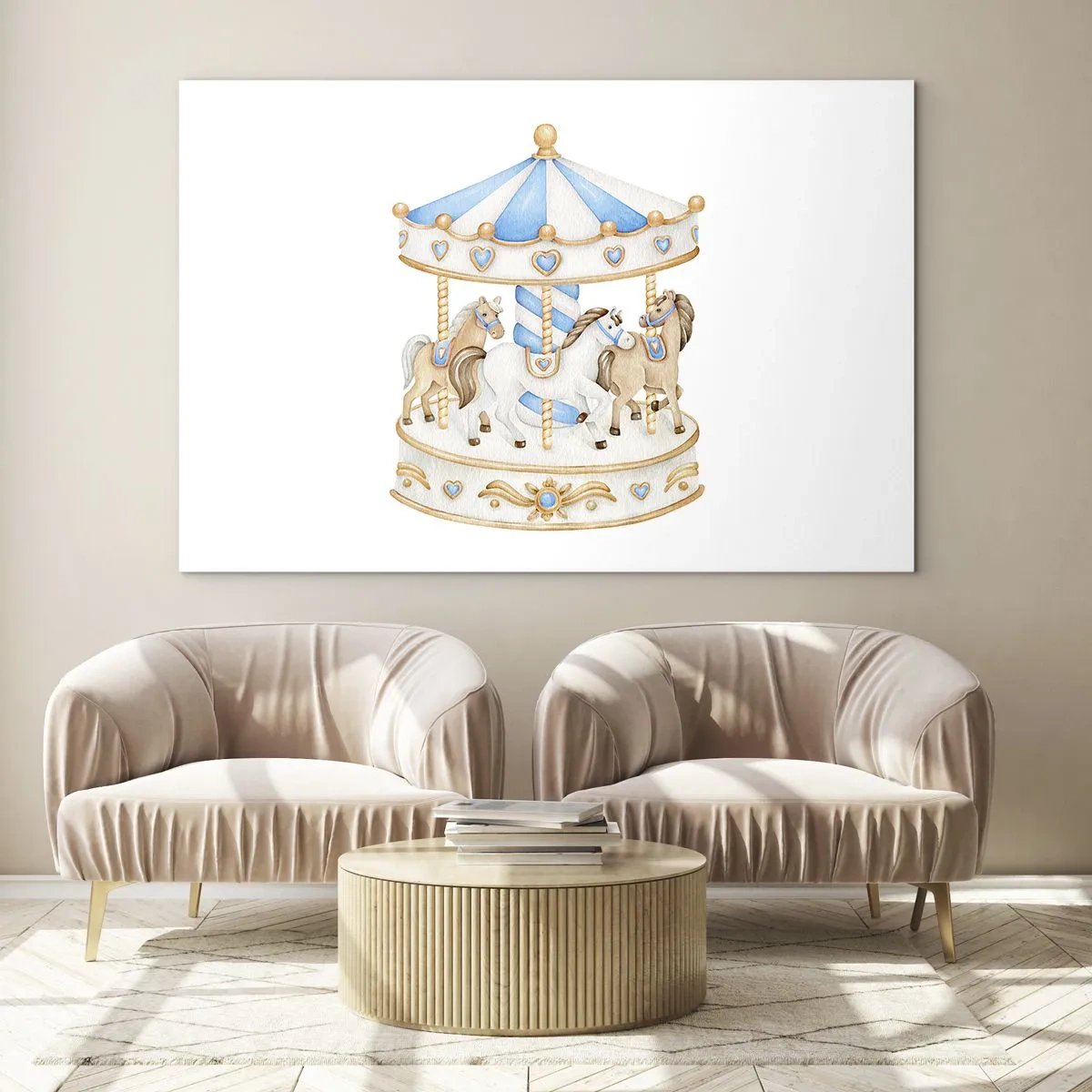 Quadro em vidro - Um carrossel com cavalos em cores pastel - 70x50cm - Doce infância - Decoração de parede moderna para a sala de estar e quarto ARTTOR