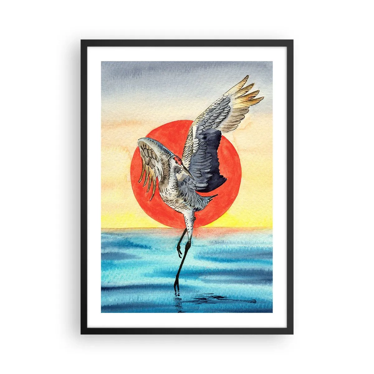 Pôster com moldura preta - Um guindaste pairando sobre a água contra um sol vermelho - 50x70cm - É hora de voltar - Decoração de parede moderna para a sala de estar e quarto ARTTOR