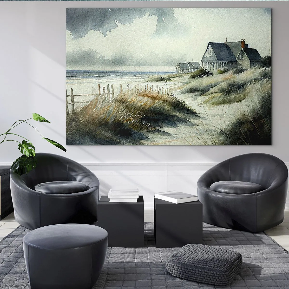 Quadro em vidro - Casas nas dunas à beira-mar sob um céu nublado - 70x50cm - Longe da agitação - Decoração de parede moderna para a sala de estar e quarto ARTTOR