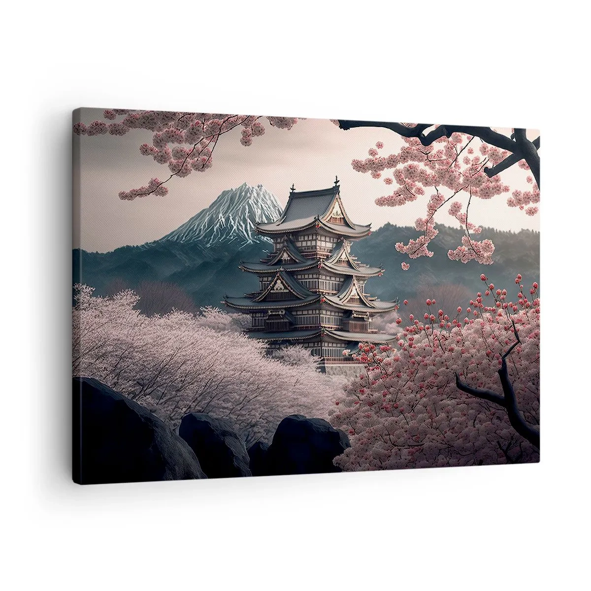 Quadro em tela - Um templo japonês cercado por flores de cerejeira e montanhas - 70x50cm - A terra da flor de cerejeira - Decoração de parede moderna para a sala de estar e quarto ARTTOR
