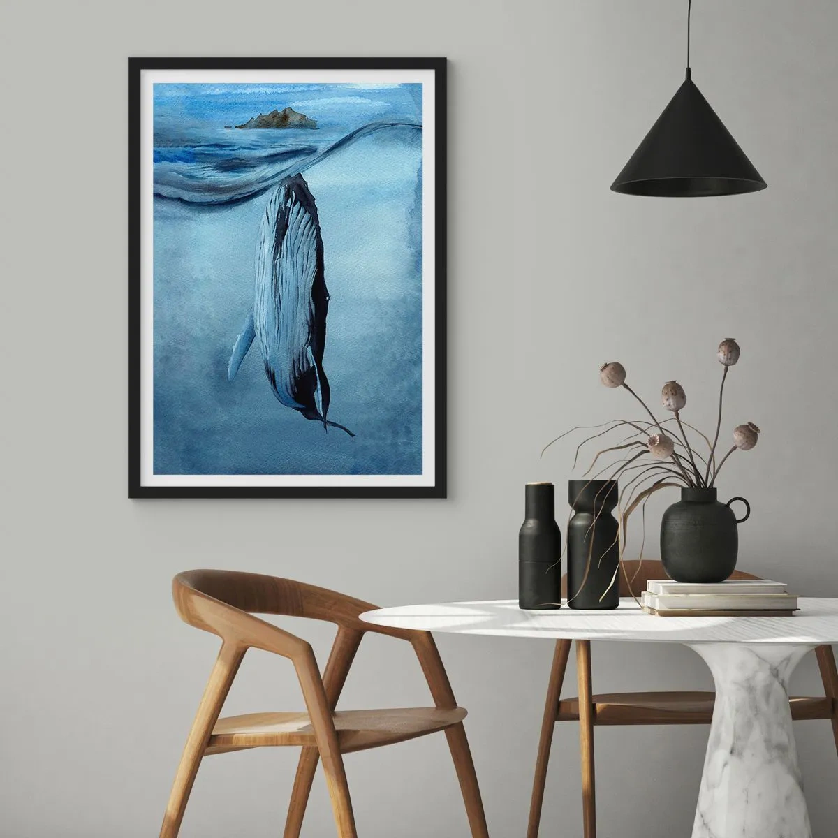 Pôster com moldura preta - Uma baleia sob a superfície do oceano - 50x70cm - Dois mundos do norte - Decoração de parede moderna para a sala de estar e quarto ARTTOR
