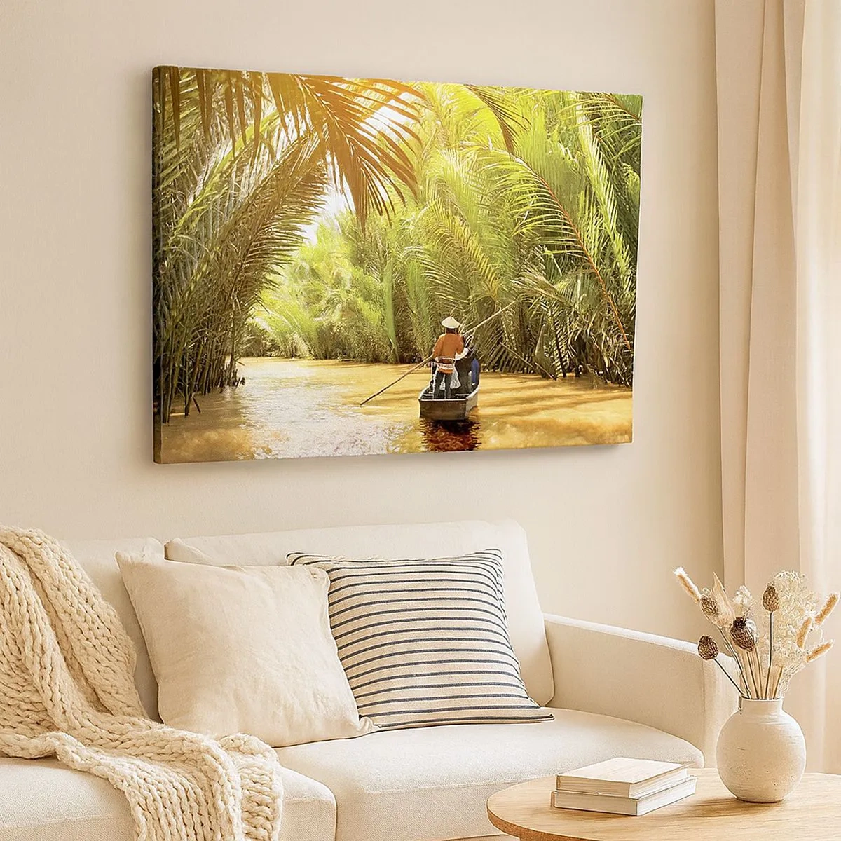 Quadro em tela - Um barco em um rio cercado por vegetação tropical - 70x50cm - Desfiladeiro das palmeiras - Decoração de parede moderna para a sala de estar e quarto ARTTOR