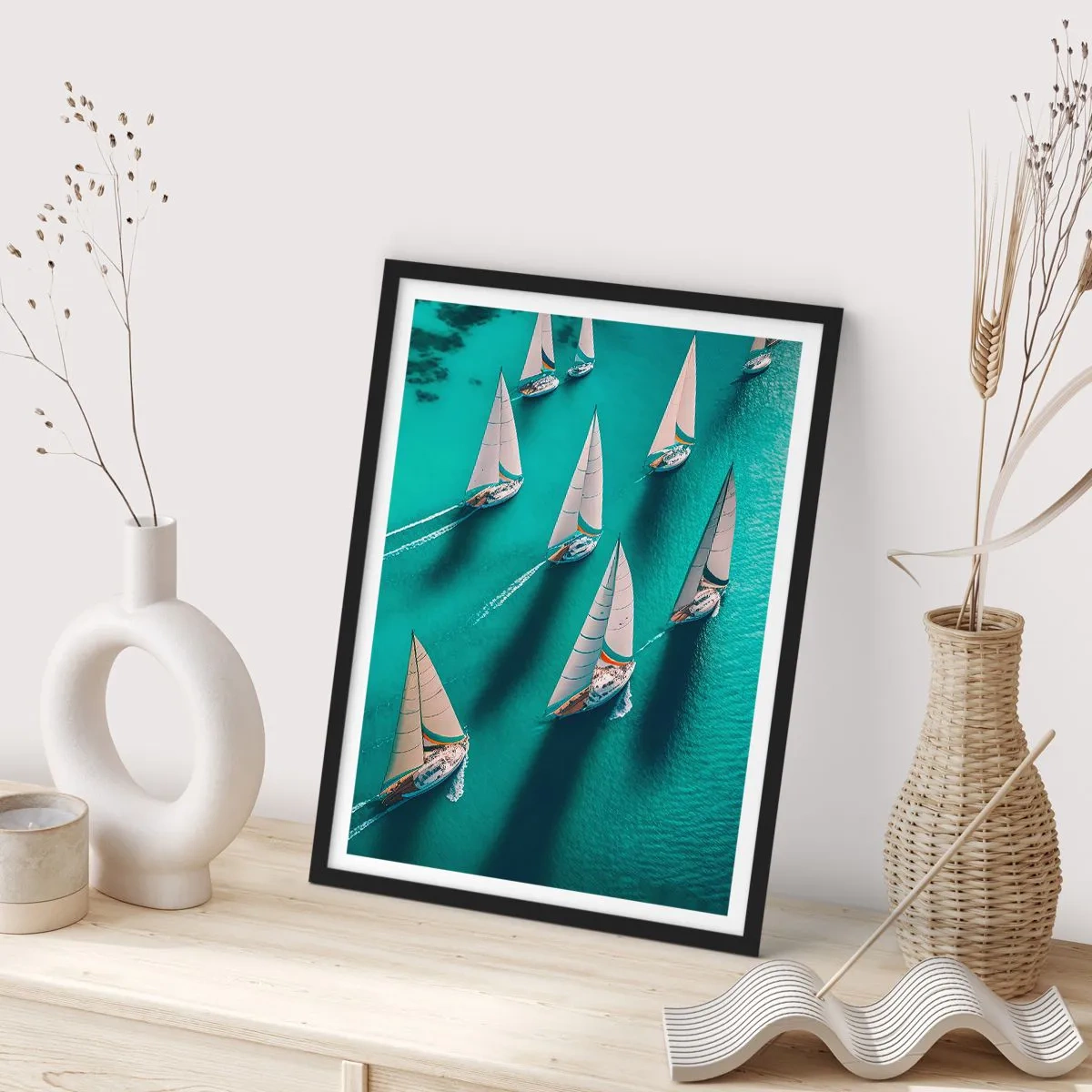 Pôster com moldura preta - Regata de vela em águas turquesas - 50x70cm - Numa competição com o vento - Decoração de parede moderna para a sala de estar e quarto ARTTOR