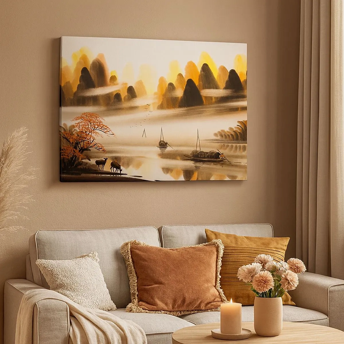Quadro em tela - Uma paisagem oriental com um rio, montanhas e uma névoa suave. - 70x50cm - Além do Extremo Oriente - Decoração de parede moderna para a sala de estar e quarto ARTTOR