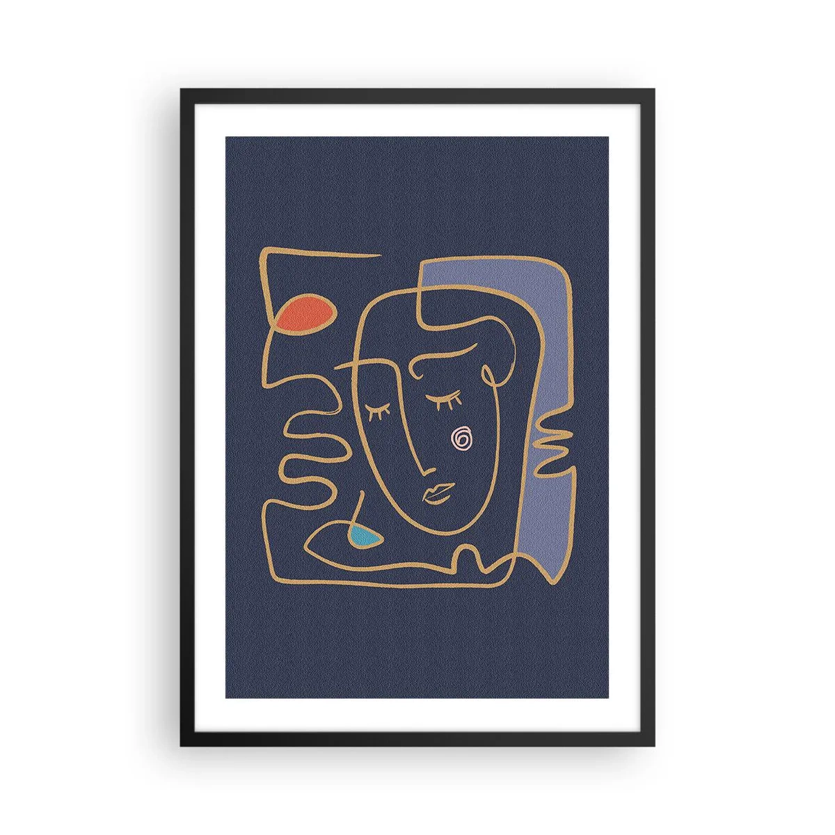 Pôster com moldura preta - Rosto abstrato minimalista em um fundo azul marinho em estilo de arte de linha - 50x70cm - Nos pensamentos - Decoração de parede moderna para a sala de estar e quarto ARTTOR