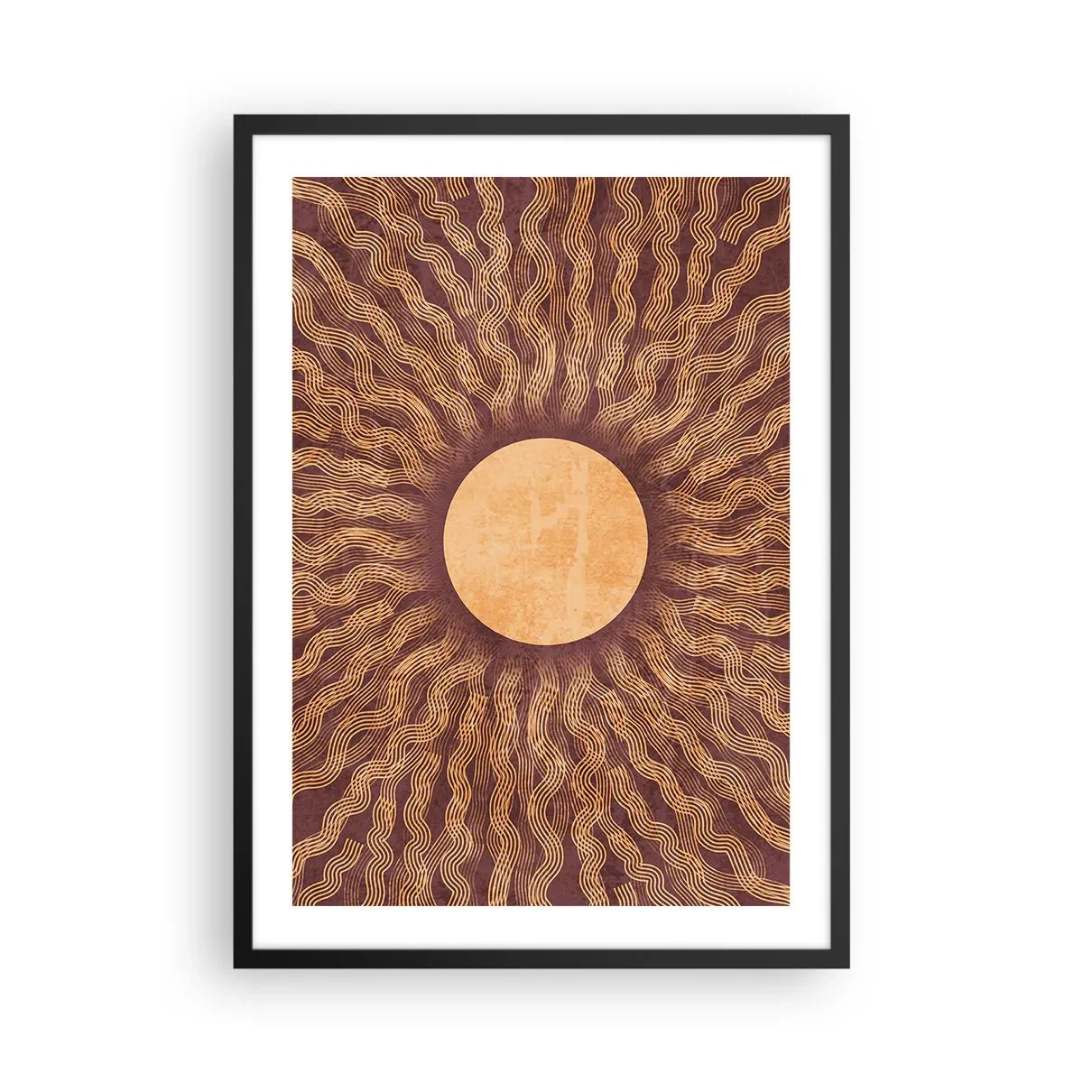 Pôster com moldura preta - Sol estilizado com raios em tons de dourado e marrom - 50x70cm - Ícone do sol - Decoração de parede moderna para a sala de estar e quarto ARTTOR