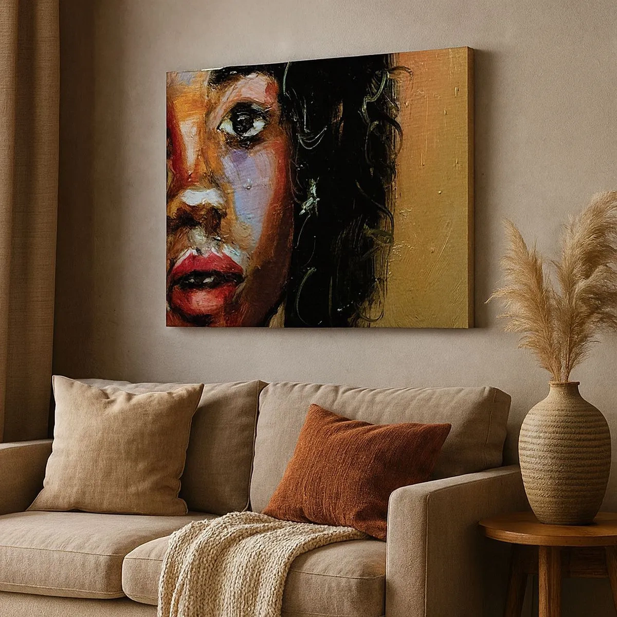 Quadro em tela - Um retrato expressivo de uma mulher em cores intensas. - 70x50cm - Preto e brilho - Decoração de parede moderna para a sala de estar e quarto ARTTOR