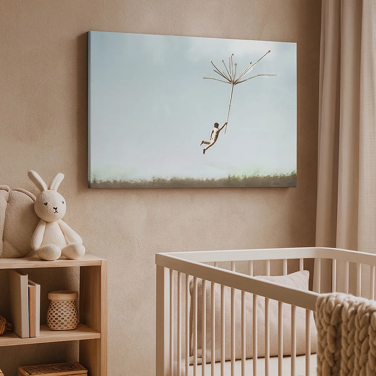 Quadro em tela - Uma figura levantada por uma grande semente de dente-de-leão - 70x50cm - Papagaios, balões, vento - Decoração de parede moderna para a sala de estar e quarto ARTTOR