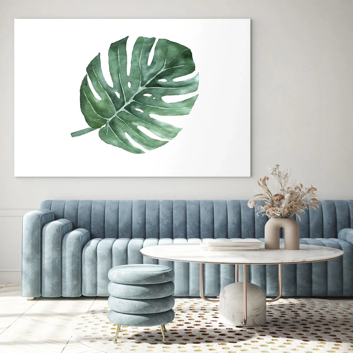 Quadro em vidro - Folha de monstera verde em fundo branco - 70x50cm - Conceito verde - Decoração de parede moderna para a sala de estar e quarto ARTTOR