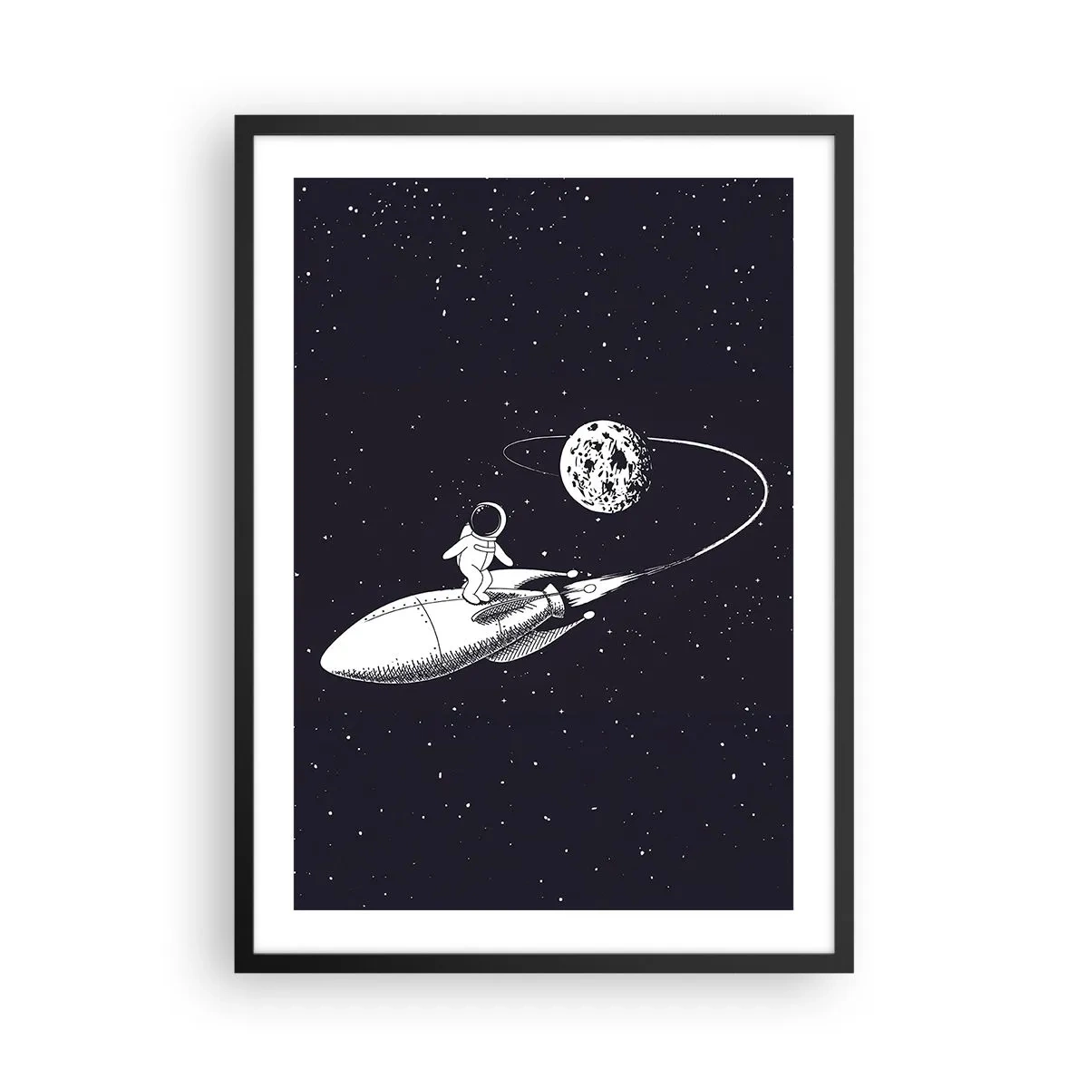 Pôster com moldura preta - Um astronauta em pé em um foguete voando no espaço - 50x70cm - Surfista espacial - Decoração de parede moderna para a sala de estar e quarto ARTTOR