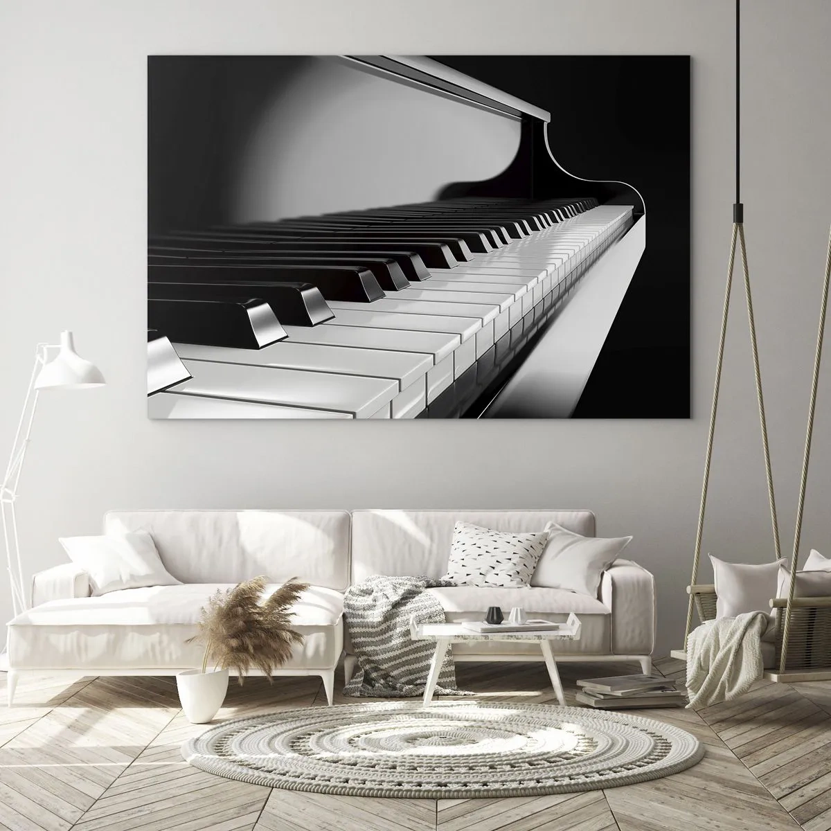 Quadro em vidro - Teclado de piano preto e branco em perspectiva - 70x50cm - Harmonia de formas e cores - Decoração de parede moderna para a sala de estar e quarto ARTTOR