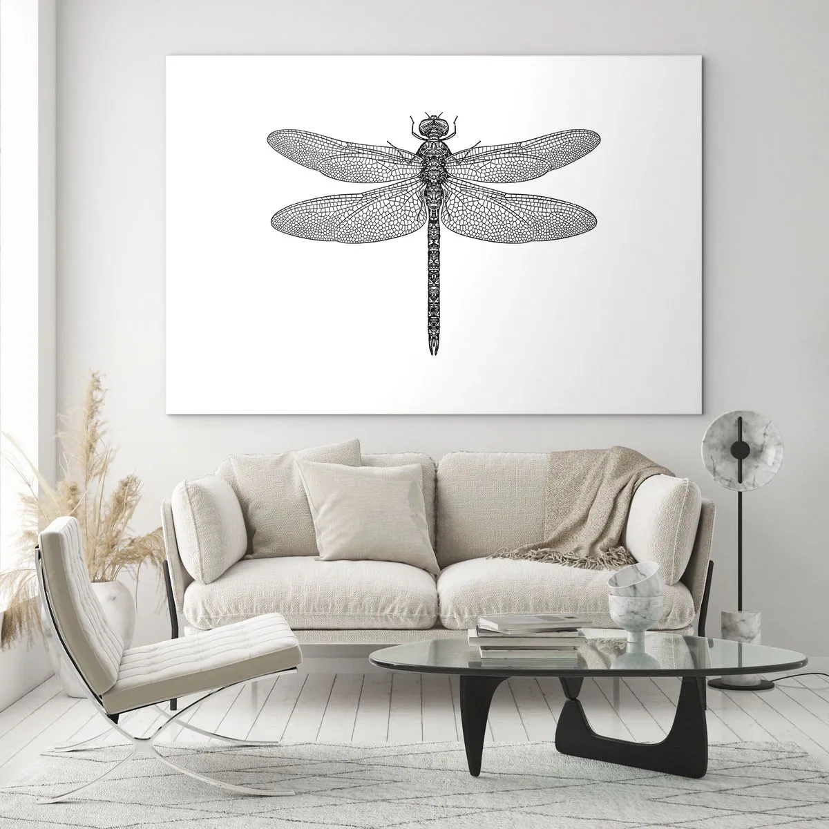 Quadro em vidro - Ilustração detalhada de uma libélula em estilo de gravura sobre fundo branco - 70x50cm - Precisão da natureza - Decoração de parede moderna para a sala de estar e quarto ARTTOR