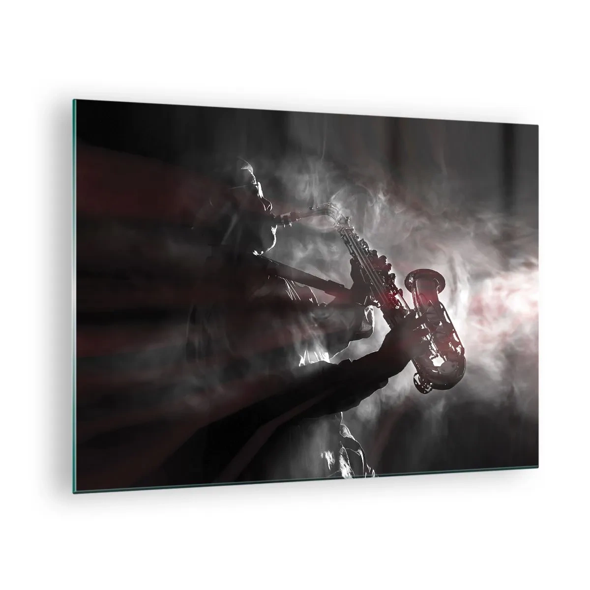 Quadro em vidro - Saxofonista em uma névoa de fumaça em preto e branco - 70x50cm - Nos fumos do jazz - Decoração de parede moderna para a sala de estar e quarto ARTTOR