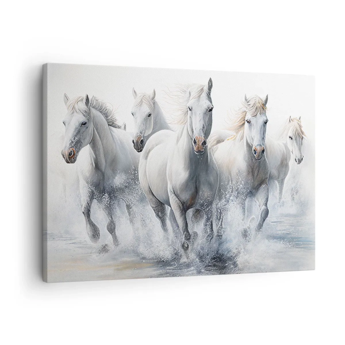 Quadro em tela - Cavalos brancos galopando pela água - 70x50cm - Magia branca - Decoração de parede moderna para a sala de estar e quarto ARTTOR