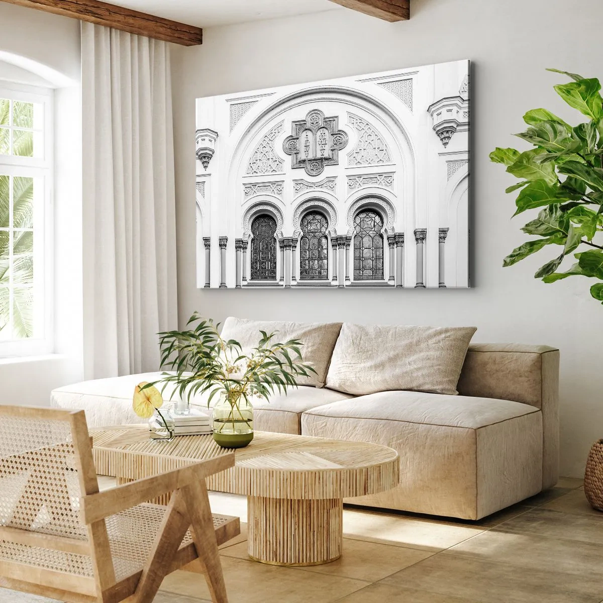Quadro em tela - Detalhes arquitetônicos da fachada em estilo monocromático - 70x50cm - Na fronteira das culturas - Decoração de parede moderna para a sala de estar e quarto ARTTOR
