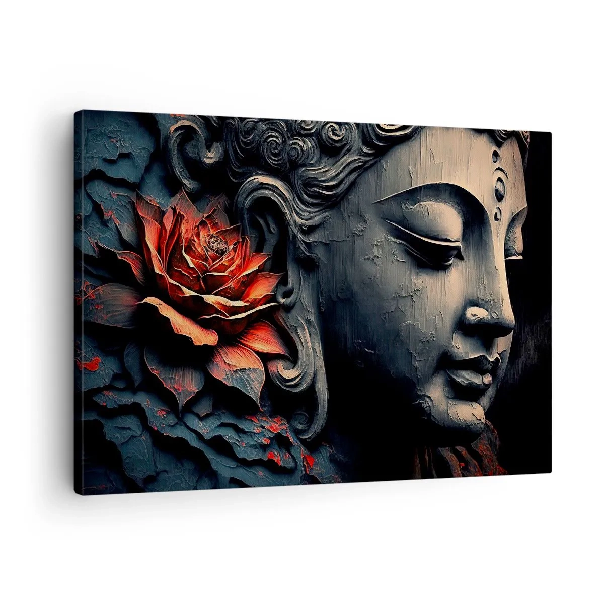 Quadro em tela - Escultura de Buda com uma flor de lótus vermelha - 70x50cm - Em harmonia com o mundo - Decoração de parede moderna para a sala de estar e quarto ARTTOR