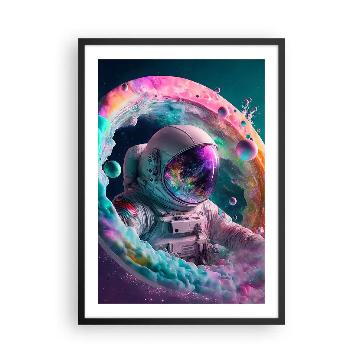 Pôster com moldura preta - Astronauta em um ambiente espacial cheio de nebulosas coloridas - 50x70cm - Portão estrela - Decoração de parede moderna para a sala de estar e quarto ARTTOR