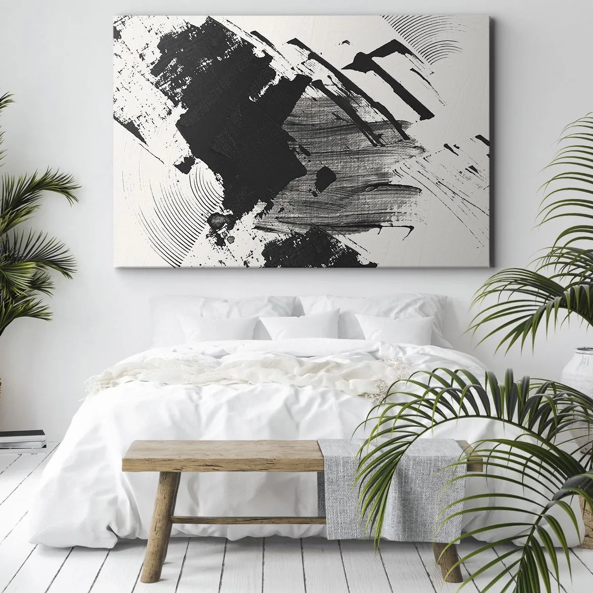 Quadro em tela - Traços abstratos de preto em um fundo branco - 70x50cm - Abstração – expressão do preto - Decoração de parede moderna para a sala de estar e quarto ARTTOR