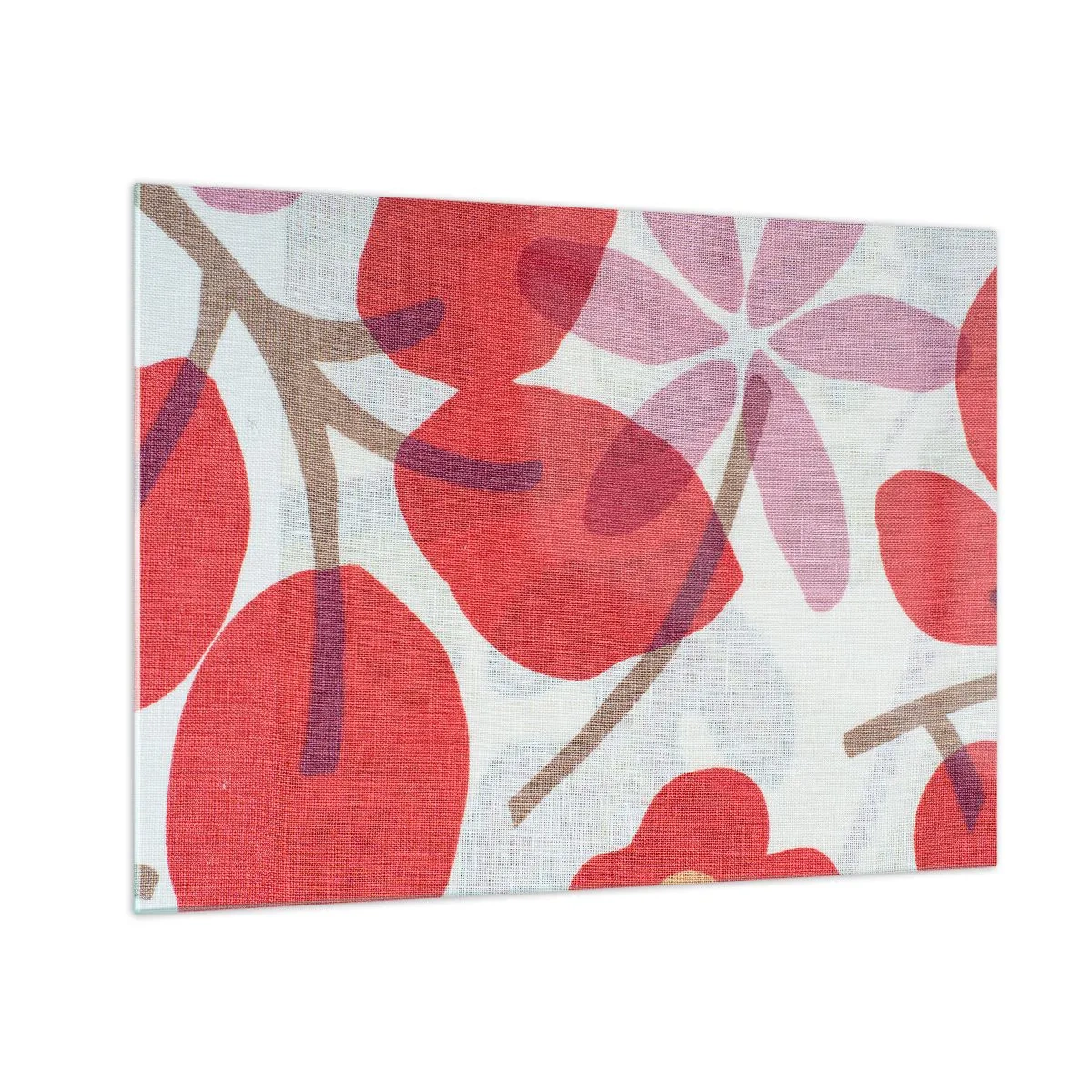Quadro em vidro - Folhas e flores rosa e vermelhas em um fundo claro - 70x50cm - Arranjo de flores em rosa - Decoração de parede moderna para a sala de estar e quarto ARTTOR