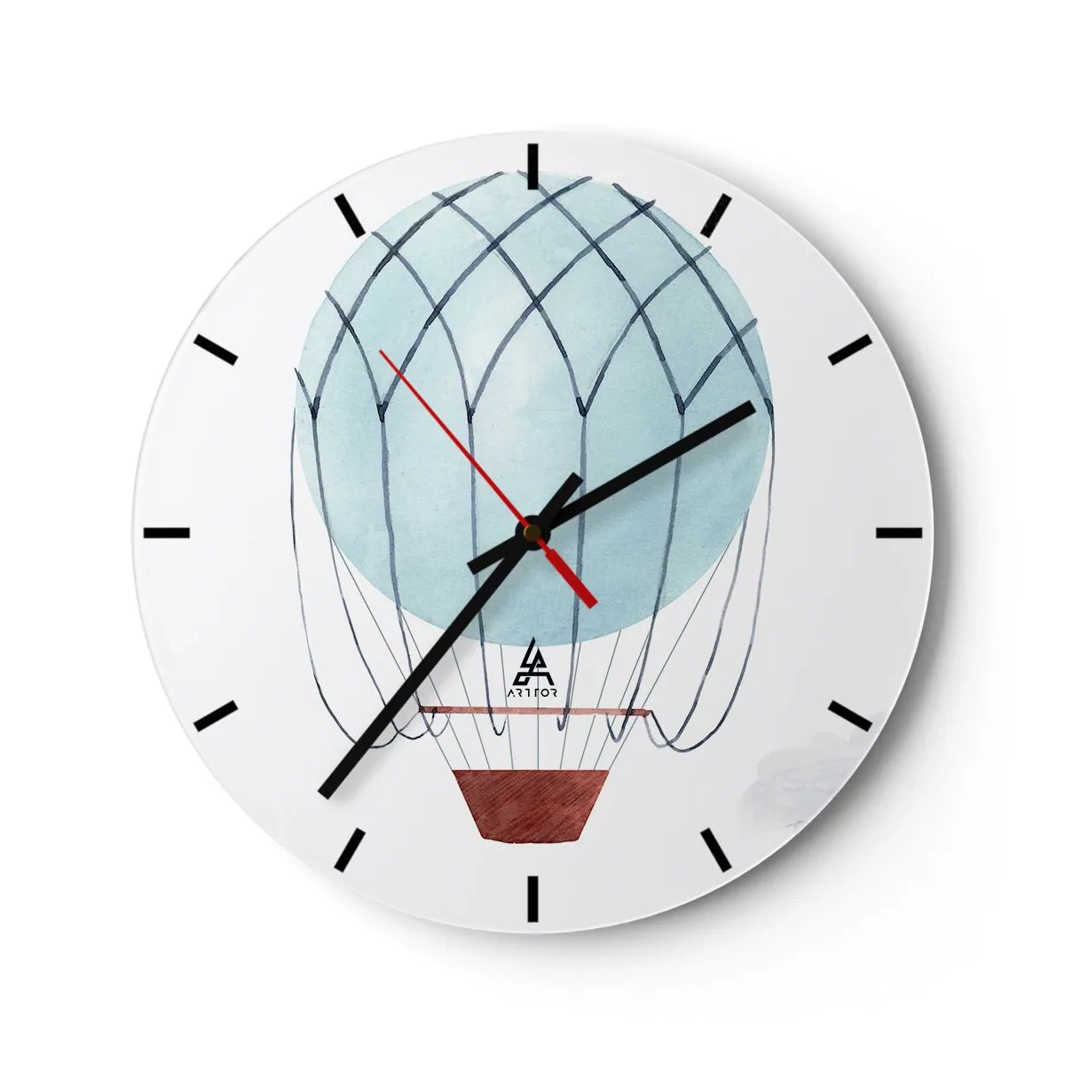 Relógio de parede - Relógio em vidro - Ilustração de um balão azul sobre um fundo branco com uma cesta - 30x30cm - Tudo nas nuvens - Decoração de parede moderna para a sala de estar, cozinha e quarto ARTTOR