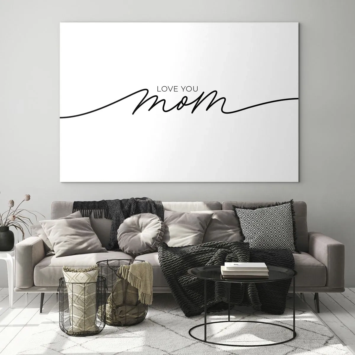 Quadro em vidro - Inscrição minimalista "Love You Mom" em preto sobre fundo branco - 70x50cm - Uma grande emoção - Decoração de parede moderna para a sala de estar e quarto ARTTOR