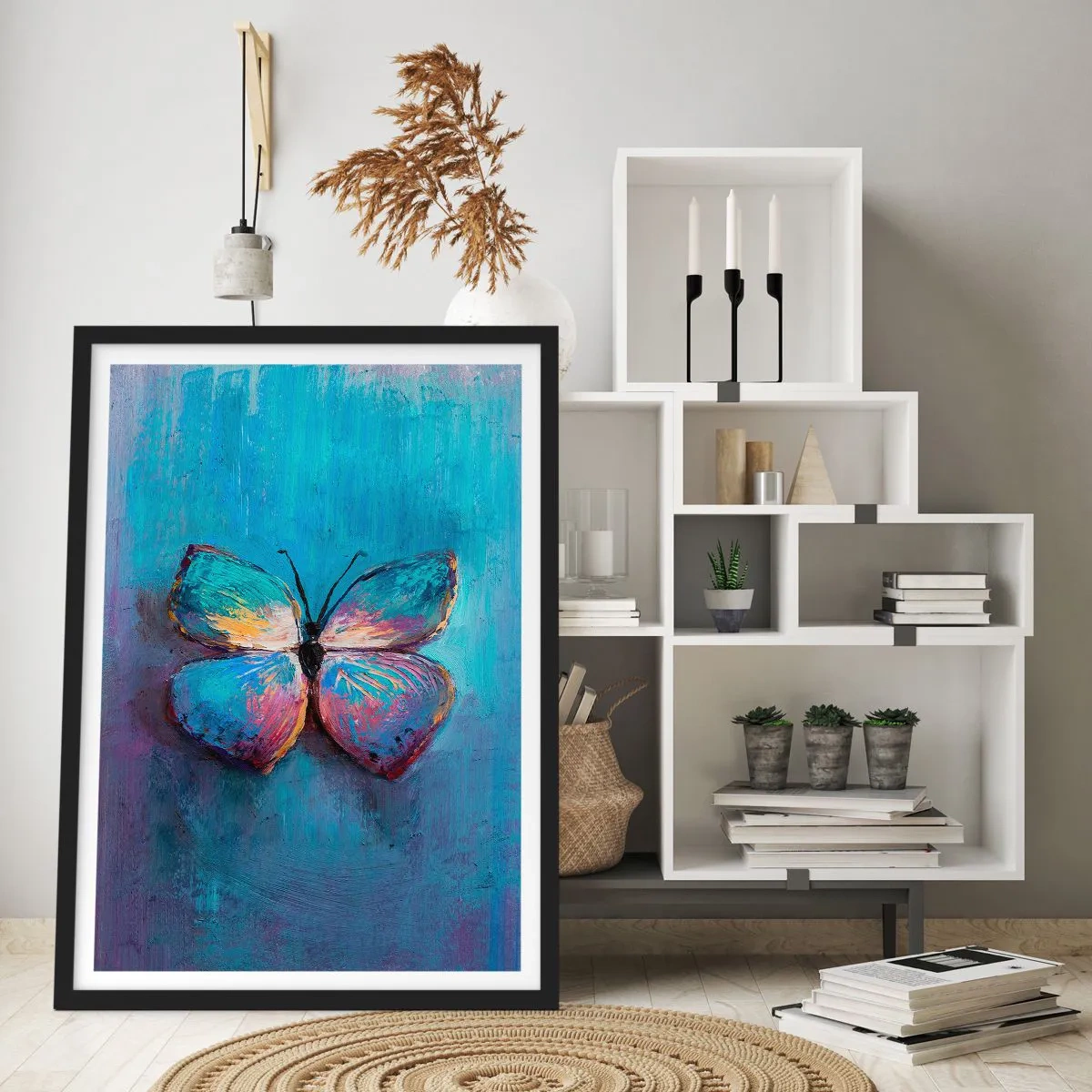 Pôster com moldura preta - Uma borboleta em cores intensas sobre um fundo azul - 50x70cm - Em toda a sua glória - Decoração de parede moderna para a sala de estar e quarto ARTTOR
