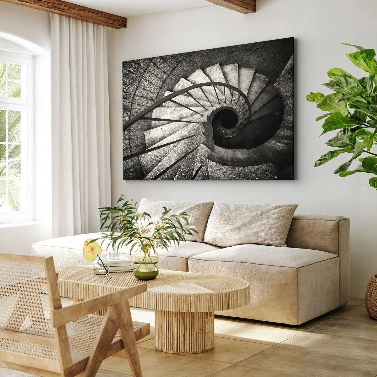 Quadro em tela - Escada em espiral preta e branca em estilo moderno - 70x50cm - Suba as escadas, desça as escadas - Decoração de parede moderna para a sala de estar e quarto ARTTOR