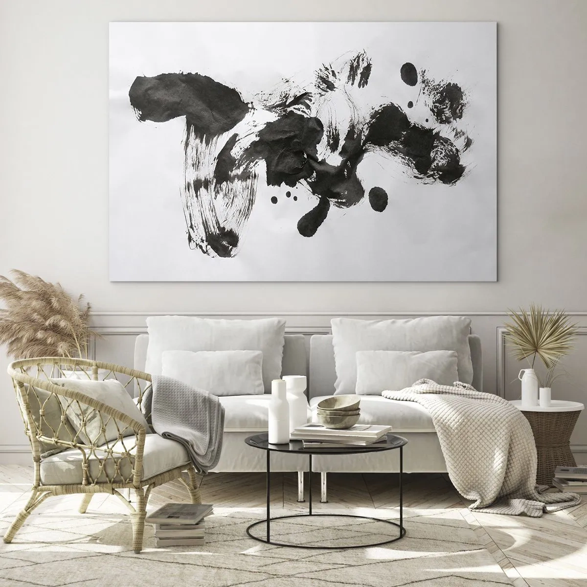 Quadro em vidro - Mancha preta abstrata e pinceladas em fundo branco - 70x50cm - Existe um método para a loucura? - Decoração de parede moderna para a sala de estar e quarto ARTTOR